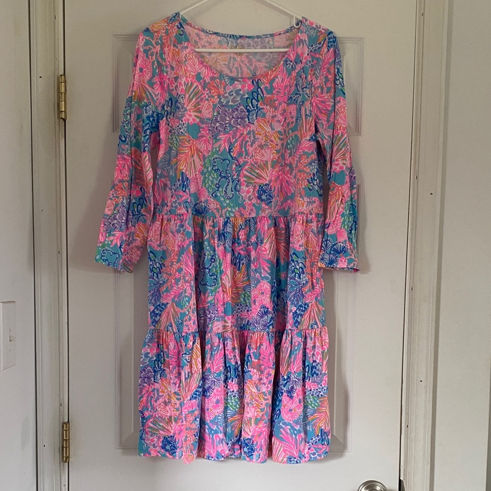 Lilly Pulitzer Floral Tiered Shift Midi Dress - Pink & Blue - Size L, NWOT